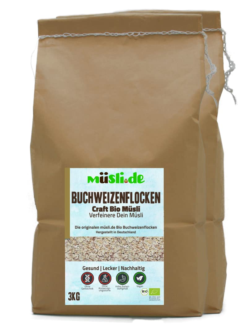müsli.de BIO Buchweizenflocken, 3 kg Papierbeutel (2 Stück) | Vegan geeignet, Aromatisch nussiger Geschmack, Unterstützt basische Ernährung