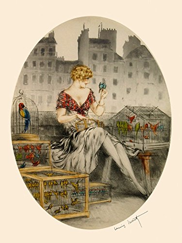 Fashion Blond Lady Girl Love Birds Seller Parakeet by Louis Icart 12" X 16" Image Size. Art Reproduction on Matte Paper