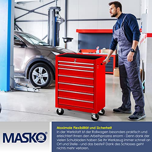 Masko® Werkstattwagen - 7 Schubladen, rot ✓ Abschließbar ✓ Massives Metall | Mobiler Werkzeug-Wagen ohne Werkzeug | Profi Werkstatt-Wagen | Rollwagen zur Werkzeugaufbewahrung mit Schloss | – Bild 7