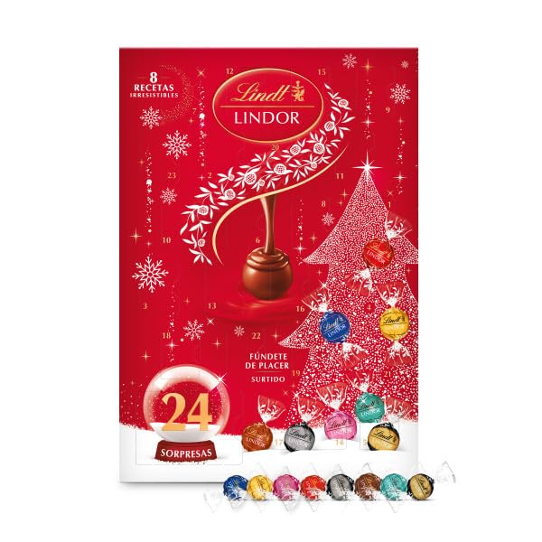 Lindt LINDOR Calendario de Adviento, surtido de bombones de chocolate, chocolate con leche suave, negro intenso, chocolate blanco, avellanas, fresa y coco, 24 bombones con núcleo cremoso, 300g