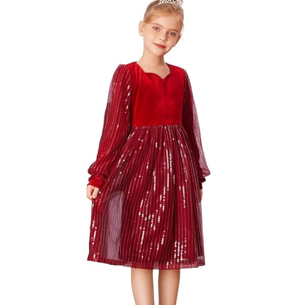 Vestido para niña de 6 a 12 años, vestido festivo de princesa con lentejuelas, terciopelo, Navidad, cumpleaños, fiesta, cóctel, vestido de baile, manga larga, elegante, línea A, 152-158 cm