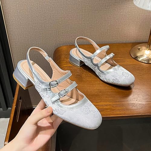 Women's Mary Jane Square Closed Toe Low Block Heel Pumps Satin Embroidered Slingback Chunky Heels Office Dressy Shoes2