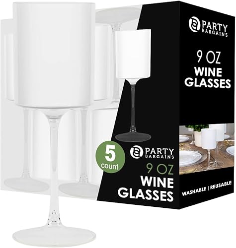 PARTY BARGAINS Copas de vino de plástico irrompibles de dos tonos, color blanco y transparente, paquete de 5, copas de plástico resistentes,