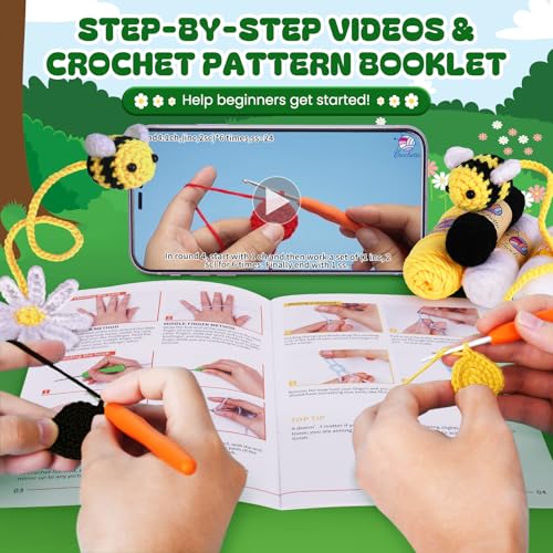 Image of Crochetta Crochet Kit for Beginners, Crochet Starter Kit w Step-by-Step Video Tutorials, Beginner Crochet Kit for Adults Kids Women Men Complete Kit Included (Bee Bookmark)