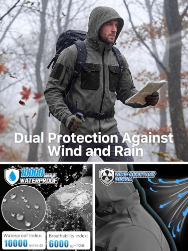 Image of FREE SOLDIER Men's Waterproof Softshell Jacket Fleece Lined Outdoor Jacket Tactical Military Hoodie Windbreaker