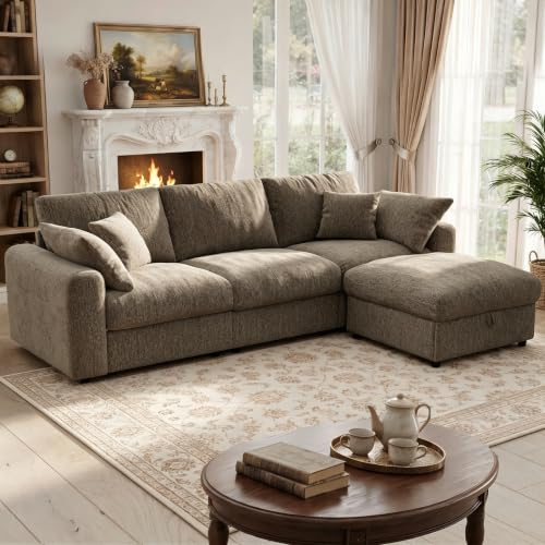 Image of Ihanherry Cloud Sectional Couches for Living Room, 110 inch Large Modular Sectional Sofa with Wide Deep Seat, L Shaped Couch with Throw Pillow and Storage Ottoman, Brown