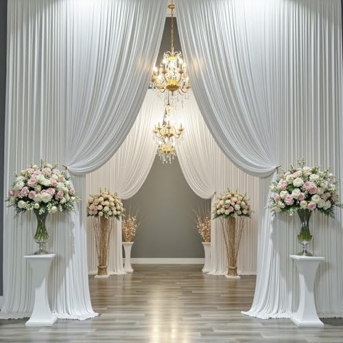 Image of 8 Panels 5x12ft Backdrop Curtains for Parties, Wrinkle Free 8 Panels 12 ft Long Polyester Ivory Photo Backdrop Drapes Back Drop Cloth for Wedding Birthday Photography Background Party