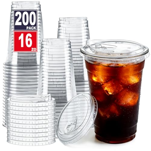 200 Pack 16 oz Clear Plastic Cups with Sip Lids for Iced Coffee Cold Drink