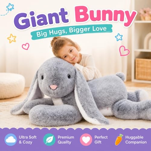 Image of BENINY 47 Inch Giant Bunny Stuffed Animal, Large Easter Rabbit Plush Toy, Big Soft Cuddly Bunny Pillow Gift for Girls, Boys, Kids, Birthday and Christmas