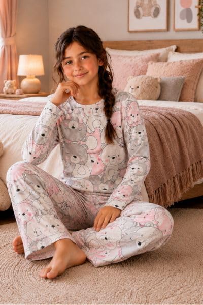 Image of TotzTouch Girls Printed Pyjama Set | Full Sleeve Top with Wide Leg Pyjama Pants | Stylish Cotton Co-Ord Nightwear Set for Kids