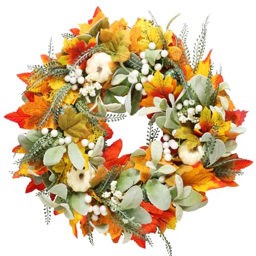 BOFUNX Corona de Otoño 50cm Guirnalda con Calabaza Hoja de Arce Fruta Artificial Adorno Decoración Otoño Halloween Navidad Acción de Gracias de Hogar Puerta Pared Ventana Interior Exterior
