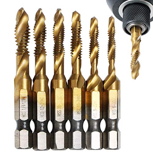 6 Pack Titanium Combination Drill Tap Bit Set Screw Tapping SAE 6-32NC 8-32NC 10-24NC 10-32NC 12-24NC 1/4-20NC?Golden?