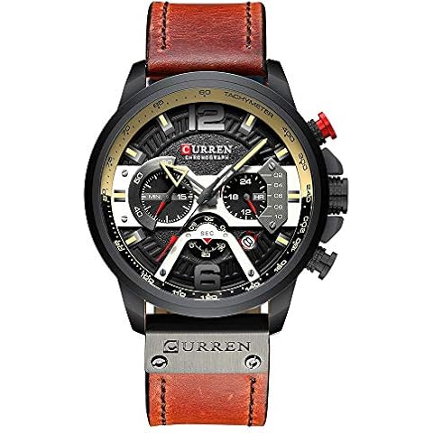 Mens Watches,CURREN Watches Quartz Analog Calendar Wrist Watch for Men, Fashion Waterproof Watch with Leather Strap, Red, Chronograph,Quartz Movement Cover