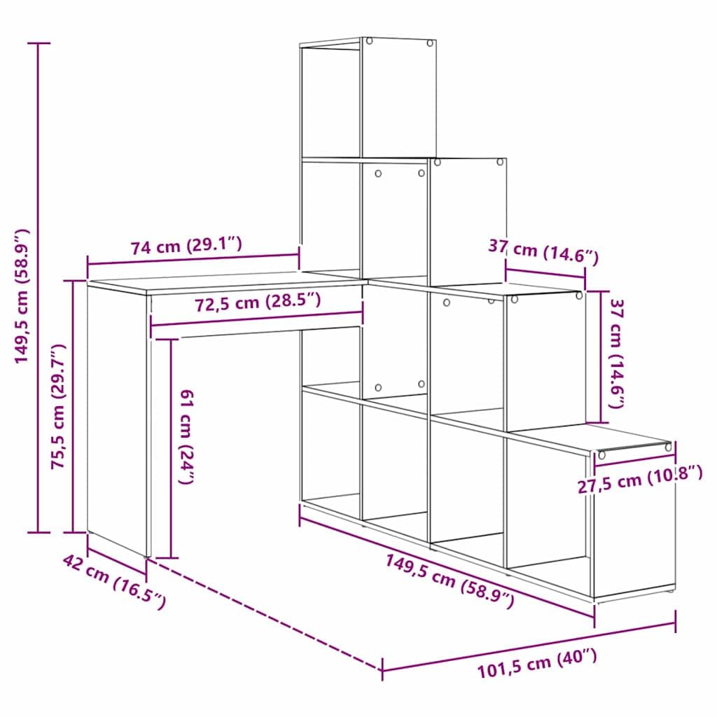 Narożne biurko betonowe, szare, materiał drewnopochodny z regałem, miejsce do przechowywania, 149,5 x 101,5 x 149,5 cm, do domu, biura, gabinetu, ergonomicznego, zajmującego mało miejsca