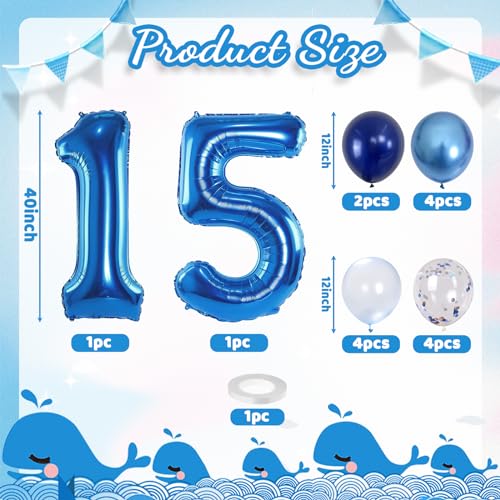 Image of 15th Birthday Balloon for Boys, Foil 40 Inch Self Inflating Number 15 Metallic Dark Blue, Navy Blue Mylar Large Balloon with Silver Confetti Latex for Men Birthday Party Decorations