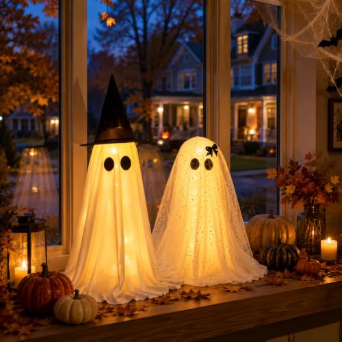 Twinkling Ghost Halloween Decor, 2 Pack Witch Hat and Bow Ghost Couple - image 8