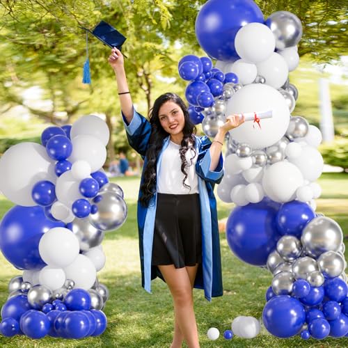 154pcs Blue White Silver Balloon Arch Kit - 18 12 10 5inch Royal Blue, Metallic Silver Confetti Balloon Garland for New Year Eve, Graduation, Birthday Party Decoration - Image 4