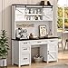 67''H Farmhouse Executive Desk with Hutch & Drawers, Rustic Office Desks Computer Desks with Charging Station, File Drawers and Storage Cabinets, Wood Workspace for Home Office & Study,Black