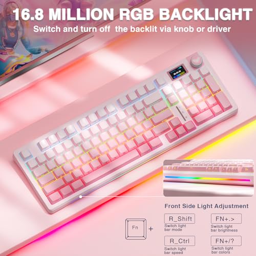 Image of AULA S98 Pro Wireless Mechanical Keyboard with Screen & Knob,2.4GHz /USB-C /BT5.0 Hot Swappable Pink Creamy Keyboard,Pre-lubed Linear Switches,Side Printed PBT Keycaps,RGB Backlit Gaming Keyboards