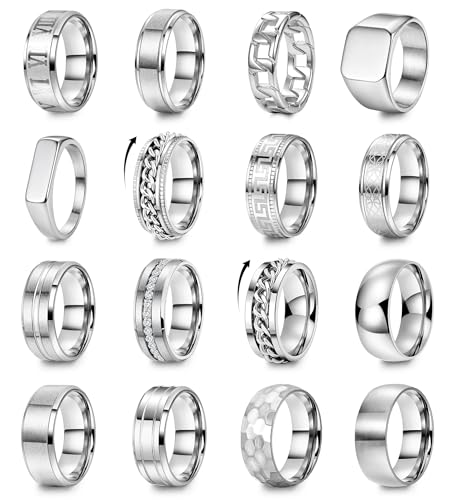 16PCS Silver Stainless Steel Rings Set for Men 8MM Spinning Cuban Link Chain Band Rings Square Signet Hammered Roman Numeral Silver Rings Engagement Wedding Promise Rings Set Size7-13