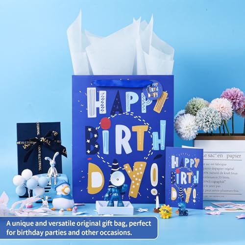 Image of Powbrace 13 inch Blue Happy Birthday Bag with Tissue Paper and Greeting Card for Party,Happy Birthday Gift Bag for Men Women,Gift Bags Medium size (1 PCS Blue)