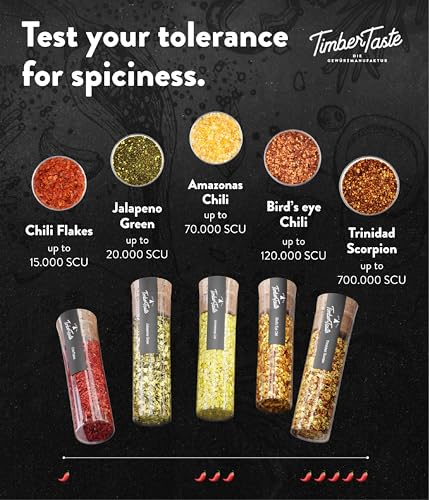 Image of TIMBER TASTE Chili Hot Spice Sampler Set - 5 Scoville-Rated Blends up to 700,000 SHU Cayenne Habanero Chipotle | Spicy Mens Gifts BBQ Seasoning Gift Set | Gourmet Heat Kit - Birthday Gift for Him
