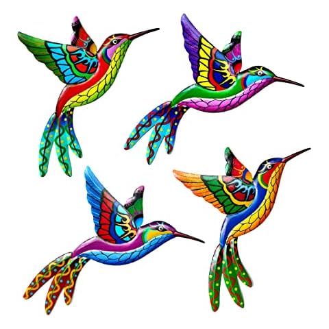 Tsilin 4 Pcs Metal Hummingbird Wall Decor Art, Colorful Birds Sculpture Hanging Garden 3D Metal Hummingbird For Indoor Outdoor Backyard Living Room Bedroom Porch Patio Fence Decor Cover