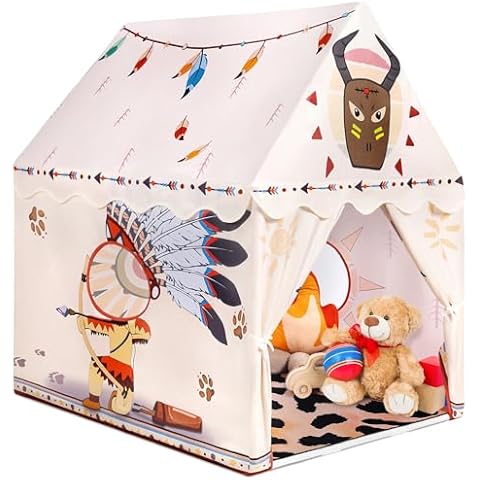 2PM SPORTS Kids Play Tent with Mat & LED Star Lights, Kids Tent Indoor for Boys and Girls, Toddler Large Playhouse Tent Outdoor, Beige Maya Childrens Play Tent Gift Cover