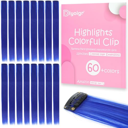 12PCS Blue Clip In Hair Extensions 22 Inch Long Straight Heat Resistant Synthetic Hair Highlights, Easy to Use Colorful Hairpieces for Women Girls Party Halloween Cosplay