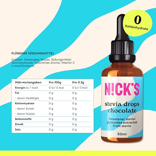 NICKS Stevia Flüssig Flavour Drops Schokolade (50ml), Keto Zuckerfreie Tafelsüße ohne Kalorien, Low carb Zuckerersatz, Süßstoff, Flüssigsüße, Alternative zu Zucker, Süßungsmittel mit Pipette