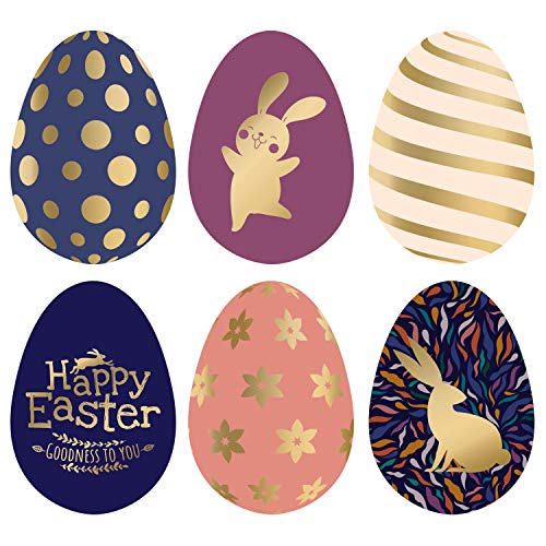 300 Easter Theme Egg Sticker Labels | 6 Different Eggs Design Stickers With Gold Foil | Perfect For Party Decorations And Craft - 1.5"X 2" Size In Sheets #TOP11