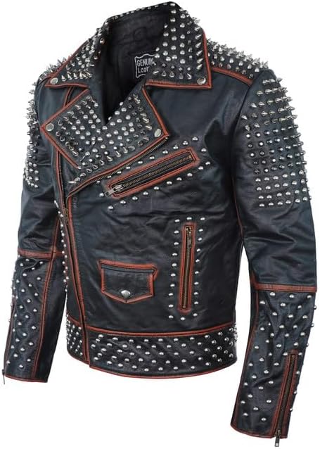 Mens Studded Leather Jacket Punk Rock star Gothic Brando Biker Genuine Cowhide Black Distressed Spiked Jacket