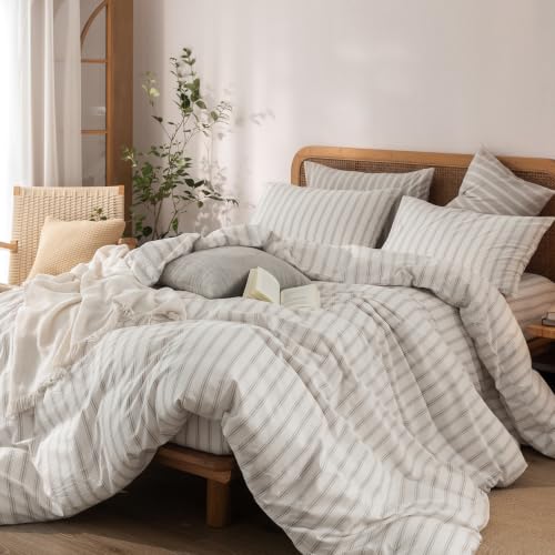Image of BESTOUCH Duvet Cover Set 100% Washed Cotton Linen Feel Super Soft Comfortable Chic Lightweight 3 PCs Home Bedding Set White & Linen Grey Stripes Twin