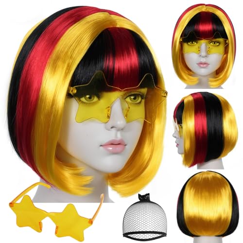 Image of ANOGOL Hair Cap + (Sunglasses) Black Red Blonde Bob Wig with Bangs Womens Black Party Wigs with Sunglasses Short Neon Wig Fun Wigs Halloween Costume Bachelorette Hair Sports Event St Patrick Day