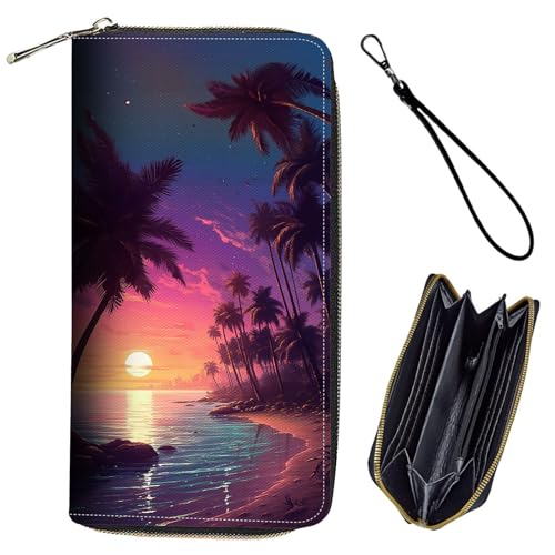 Bxgolkgd Womens Wallet, RFID Blocking Leather Wallet,Large Capacity Wallet Credit Card Holder PU Leather Ladies Clutch with Zipper Coin Pocket - Beach Palms