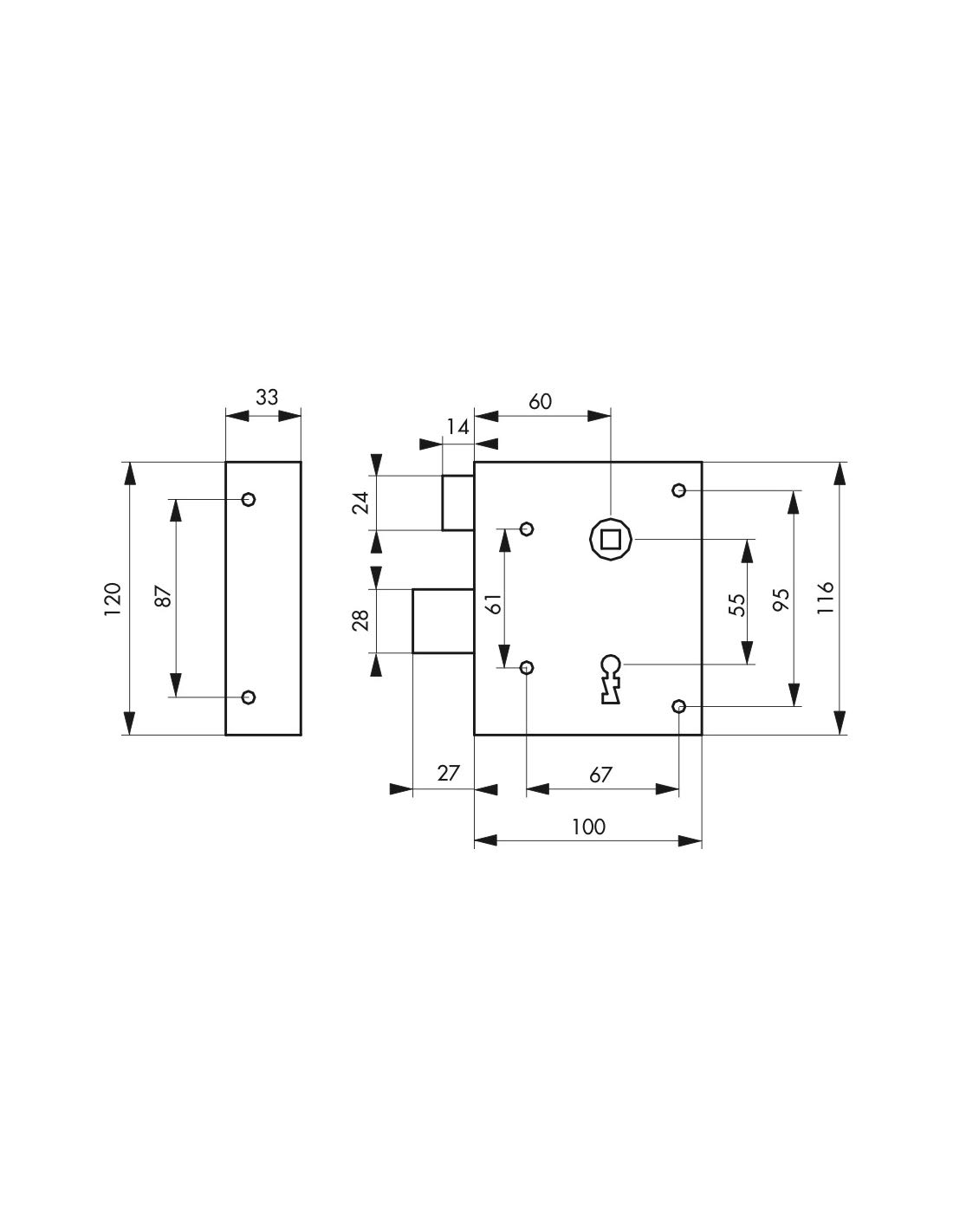 THIRARD - Serrure Applique Alsace à Clé à Fouillot pour Porte Intérieure - Gauche Poussante - Carré 8 mm - Axe 60 mm - 110 x 70 mm - Jaune/Doré - 2 Clés Incluses - Sécurité Renforcée