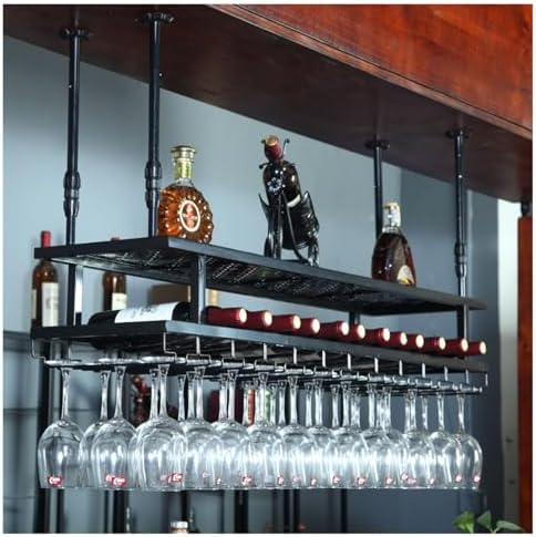 Ceiling Wine Glass Rack, Adjustable Metal Ceiling Bar Wine Glass Rack Bottle & Stemware Holder Industrial Iron Stemware Wine Shelf for Bar Cafe Kitchen Island(Bronze,31.5in