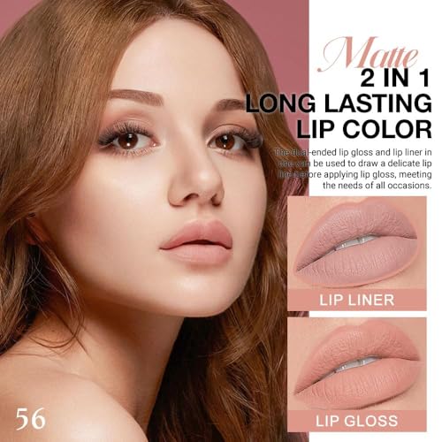 Image of evpct 1Pcs Bright Pure Nude Pink Matte Lip Liner & Liquid Lipstick Stain Makeup Set for Women, Lip Liner Stain Long Lasting Waterproof Smudge Proof, Longwear Lips Stick Makeup 24 hours originale, 56