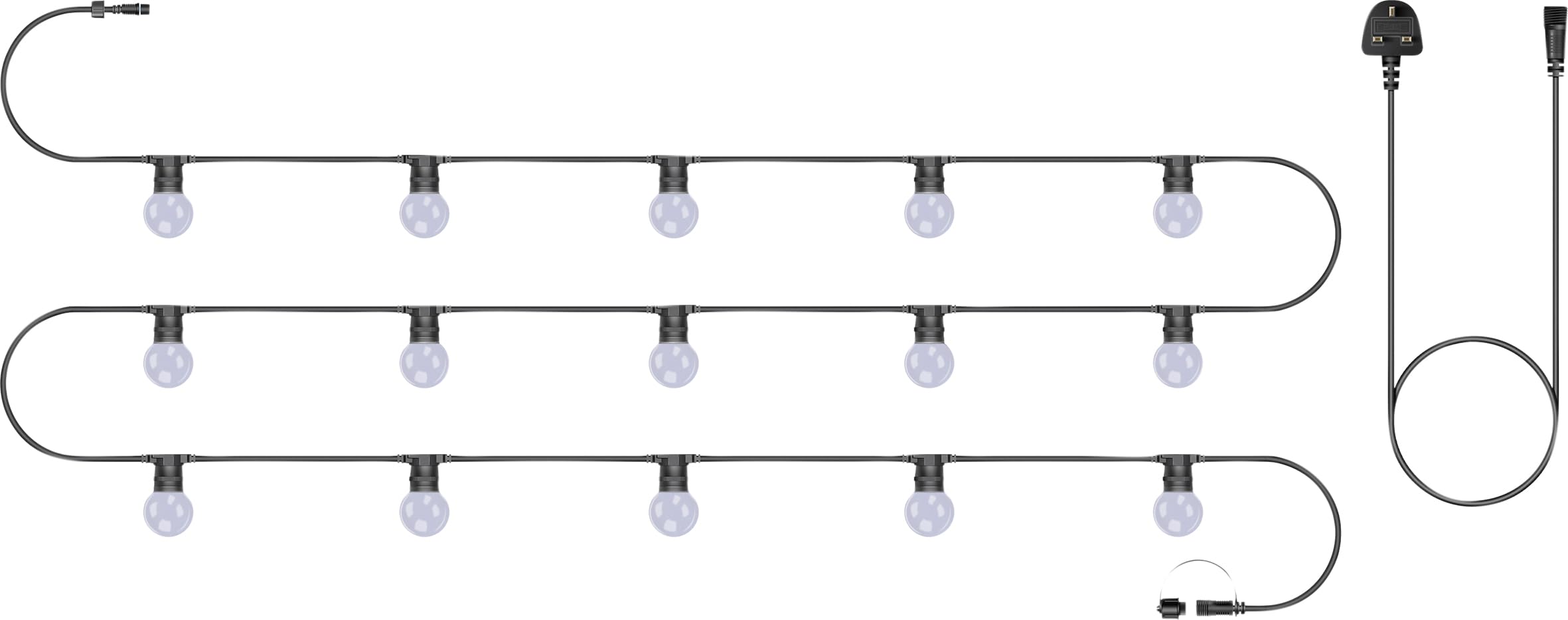 Eagle Connect Outdoor Festoon String Light, 15x2W Lamps Black Rubber Cable, 230V Mains Powered, IP65 Waterproof, for Commercial and Domestic Use in Gardens, Patios, Restaurants, and Pubs