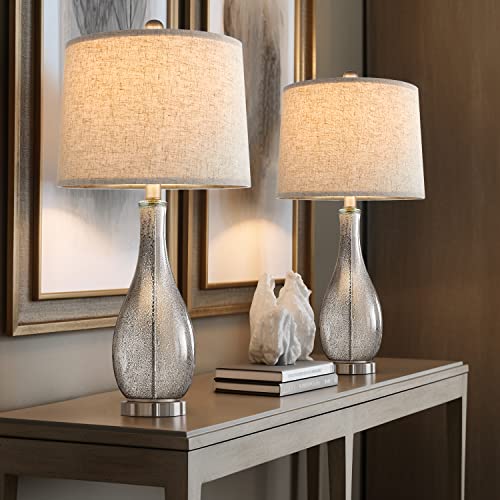 Oneach Usb Table Lamps Set Of 2 For Living Room 24.5" Modern Nightstand Lamp With Fabric Shade Glass Bedside Lamp For Bedroom Kid's Room Girls Room Office Glass Silver #TOP1
