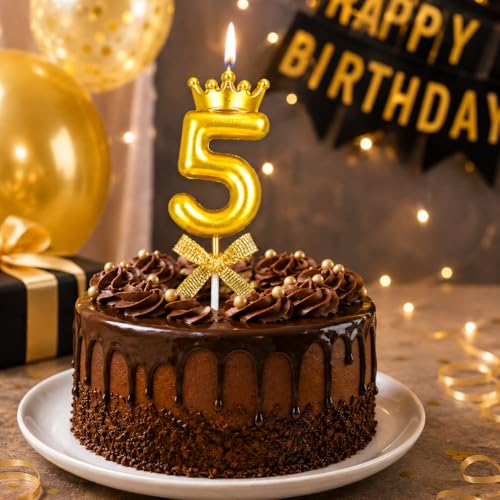 Image of Number 5 Unscented Candle with Crown 3 inch for 5th Birthday Party, Wedding Anniversary, Engagement Celebration, Theme Party, Bachelors Decoration, Gold Numerical No 5