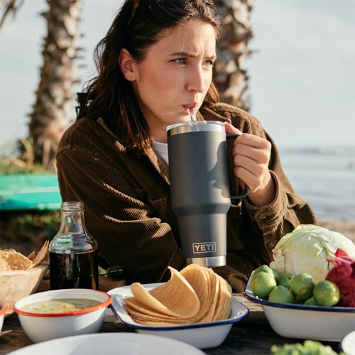 Image of YETI Rambler 42 oz Tumbler with Handle and Straw Lid, Travel Mug Water Tumbler, Vacuum Insulated Cup with Handle, Stainless Steel, Cape Taupe
