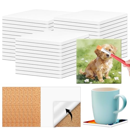 60 Pcs Ceramic Tiles for Crafts 4x4 inches and self-Adhesive Cork mat unglazed Ceramic Coasters for Crafts Use with Alcohol Ink or Acrylic Pouring Make Your Own DIY Coasters