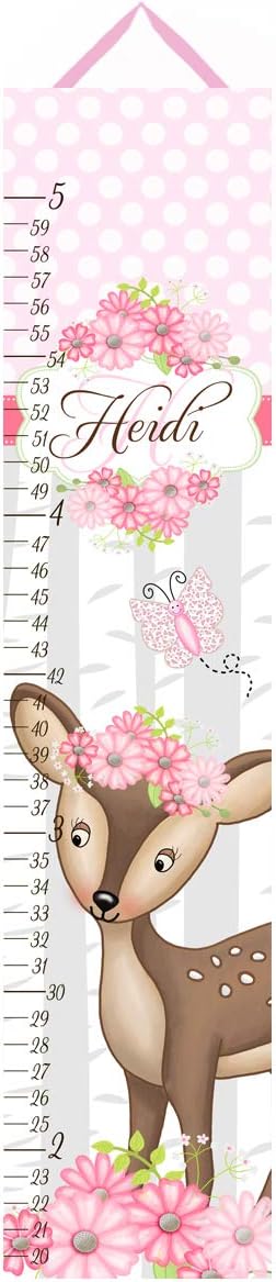Toad and Lily Kids Canvas Growth Chart Sweet Deer Pink Flowers Girls Bedroom Baby Nursery Wall Art Growth Chart GC0302