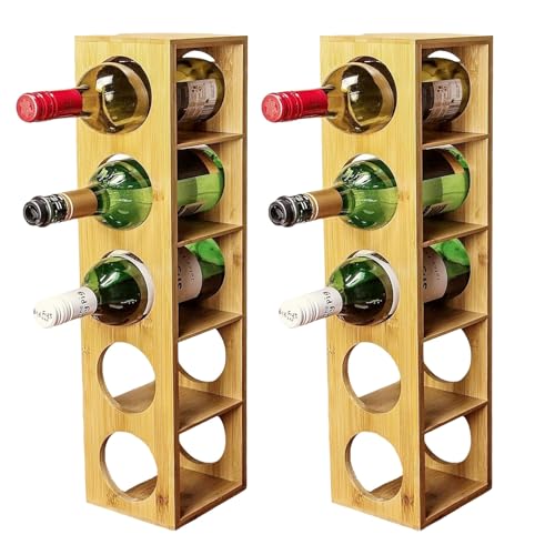 Bamboo Stackable Wine Rack | Horizontally or Vertically | 5 Bottle Organiser Wine Racks Free Standing | Counter Top Bottle Stand Holder for Home Bar, Kitchen, Cabinets (Twin Pack)
