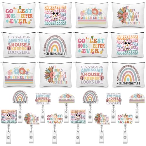 Kacctyen 24 Pcs Housekeeping Week Gifts Bulk 12 Boho Makeup Bag 12 Retractable Badge Reels Housekeeping Appreciation Gift for Housekeeper Cleaner Staff Team Employee Coworker Custodian Supplies