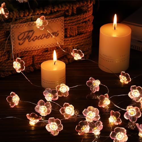 Aulock AULOCK-2PCS-PINK-FLOWER-LIGHTS 2Pcs Cherry Blossom Lights Cottagecore Room Decor, Pink Flower String Lights 10Ft 30 Leds, Indoor Fairy Lights Battery Powered thumb #1