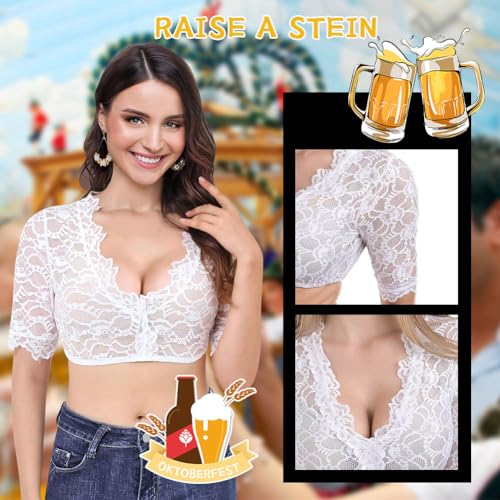 Aomig Dirndl Blouse Lace,White Womens Oktoberfest Costume, V Collar Stand-up Dirndl Blouse - Image 3