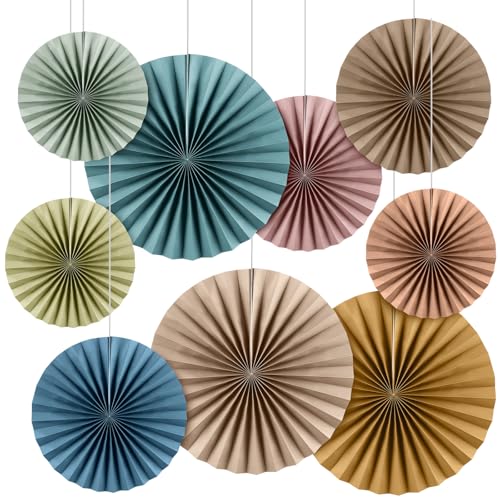 Image of 9 Pack Boho Paper Fan Decorations, Neutral Hanging Fans for Classroom Decor, Bulletin Board Party Backdrop, 8 /12 /16 Inch Foldable Round Ceiling Decor for Classroom Birthday Wedding Office