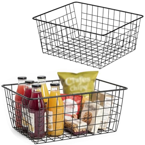Kitchen Metal Wire Baskets Farmhouse Decor Metal Food Storage Organizer,Household Refrigerator Bin with Built-in Handles for Cabinets,Pantry,Bathroom,Black